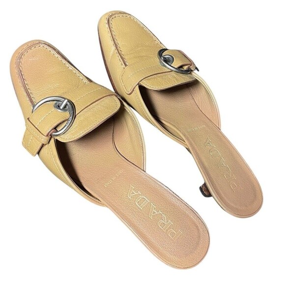 Vintage PRADA 2000’s Tan Pumps Kitten Heels Mules Size 36.5 Y2k Buckle - Picture 4 of 16